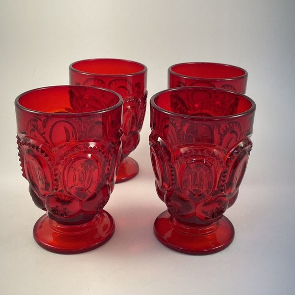 Vintage LE Smith Moon and Stars Ruby Red Footed Tumblers, 6 oz Set of 4 Tumblers - Picture 7 of 9